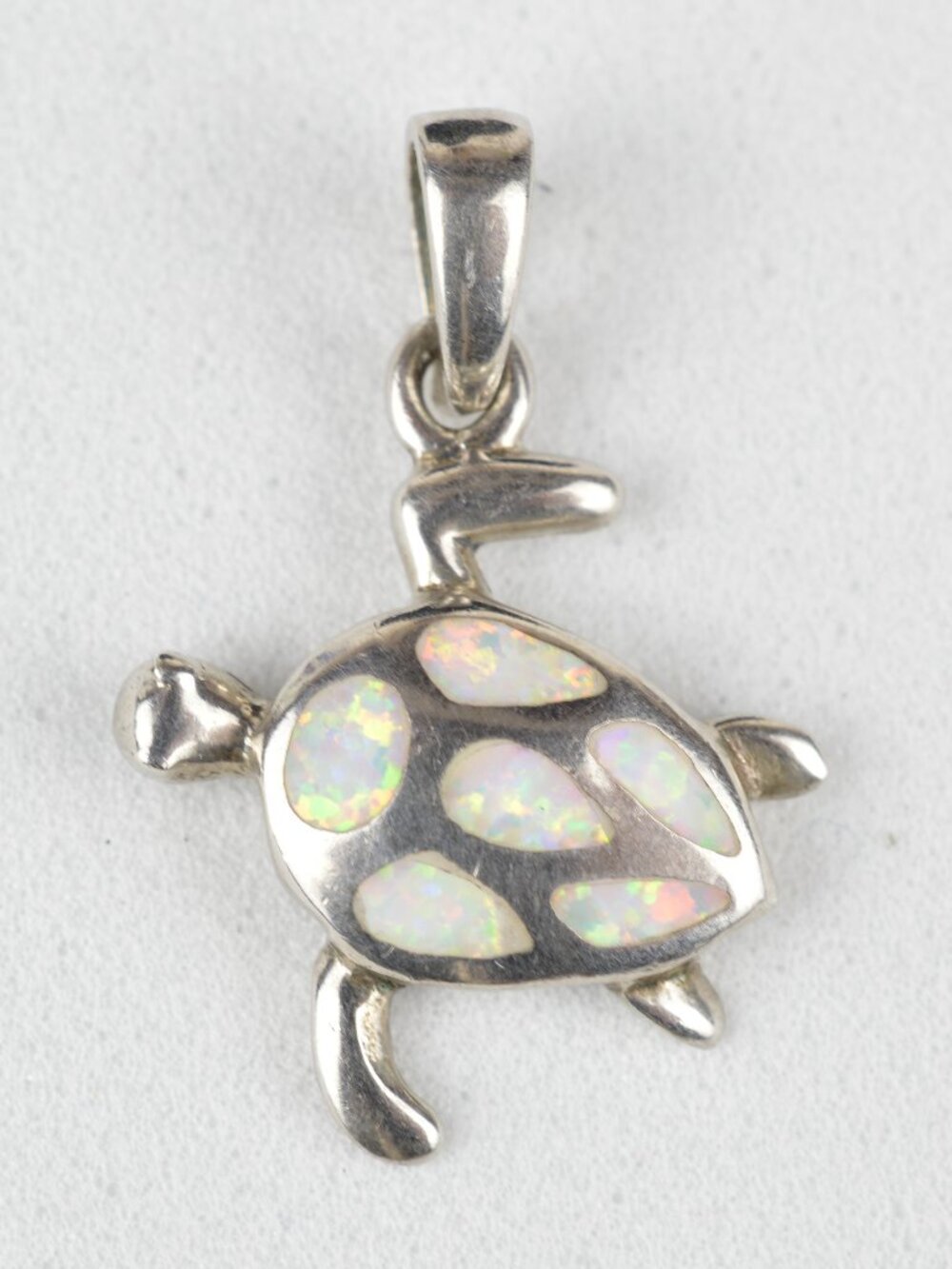 925 Sterling Silver Sea Turtle Pendant White Fire Opal Inlay Ocean Charm 5/8" 2g